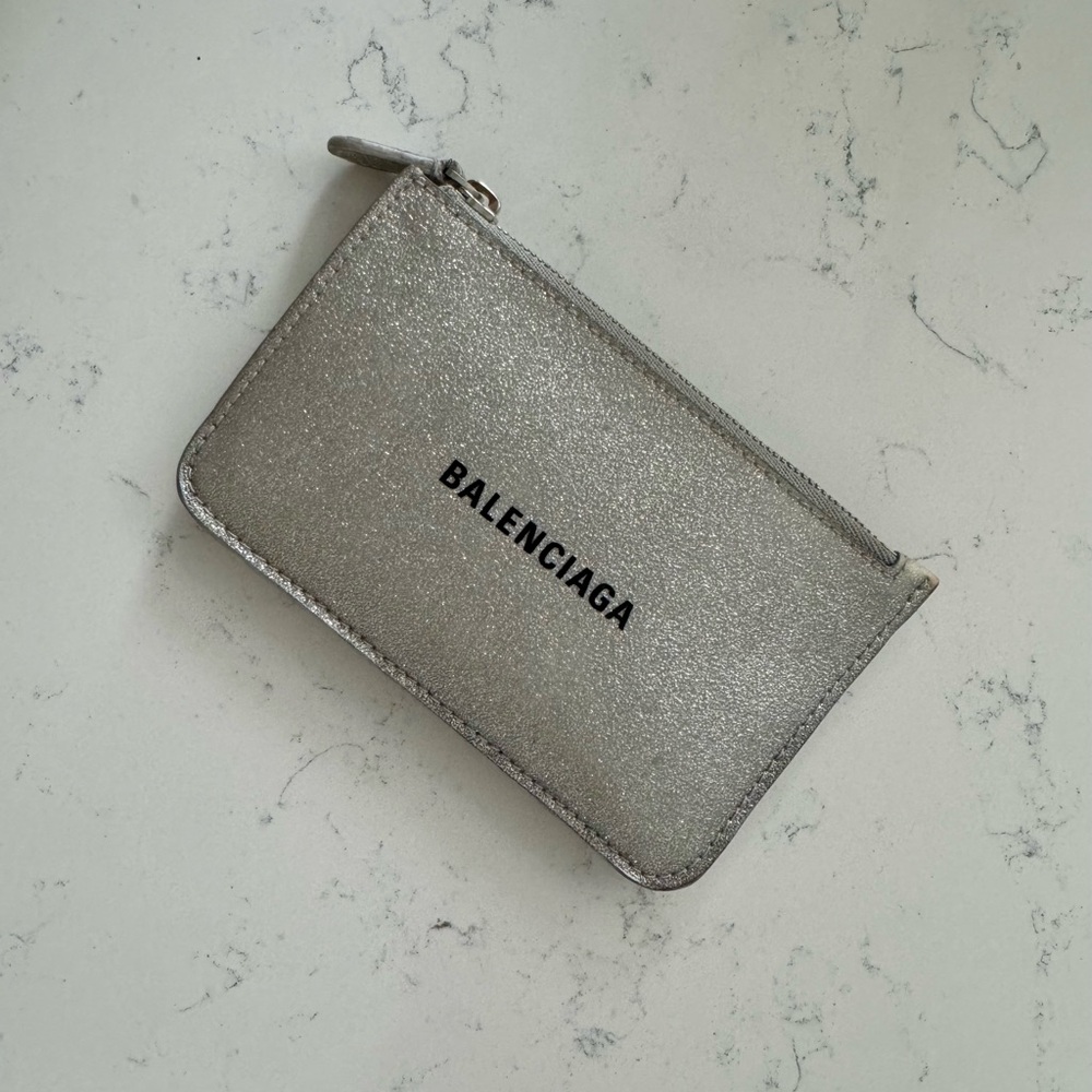 ✨ Balenciaga Silver Glitter Card Holder Wallet – Pre-Owned